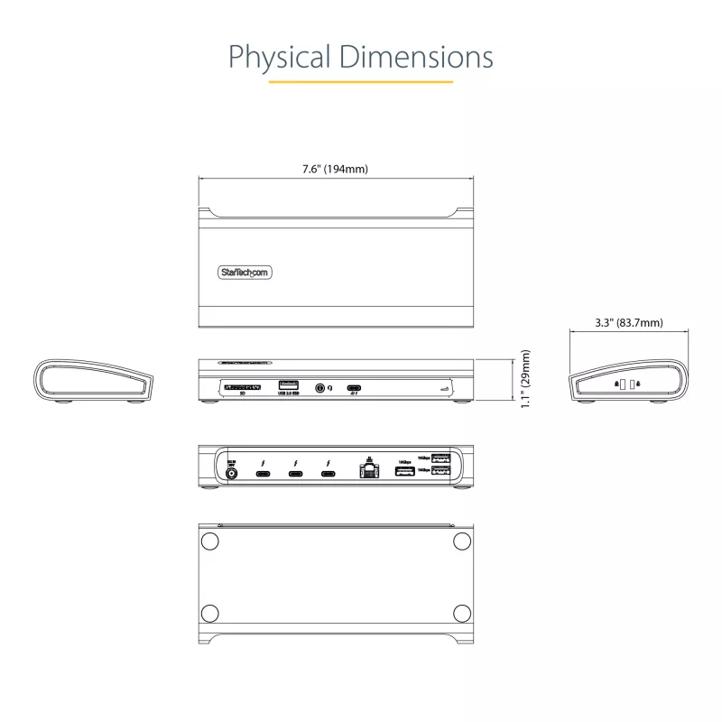 Dock Thunderbolt 4 StarTech.com, Power Delivery 96W, Single 8K/Dual Monitor 4K 60Hz, 3xTB4/USB4 portas, 4xUSB-A, SD, GbE, estação de acoplamento Thunderbolt 4 para Windows ou TB3 MacBook, cabo de 0,8m