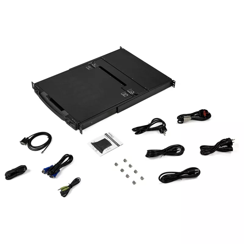 StarTech.com RKCOND17HD consola KVM para rack 1U de calha dupla, LCD de 17,3" (43,9 cm) 1920 x 1080, uma porta DVI/VGA, teclado QWERTY dos EUA, USB, cabos incluídos, 44230 MTBF, preta