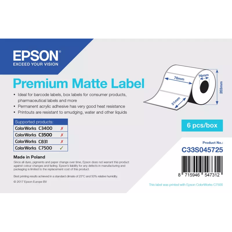 Etiqueta mate premium Epson - rolo pré-cortado: 76 mm x 51 mm, 2310 etiquetas