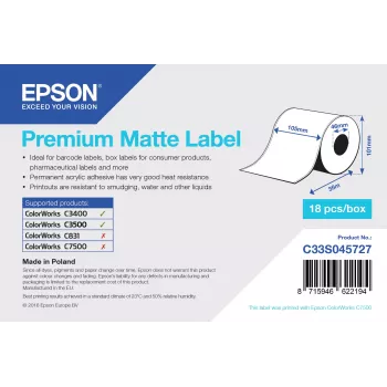 Etiqueta Epson Premium Mate - Rolo Contínuo: 105 mm x 35 m, Branco, Etiqueta Autoadesiva para Impressora, Etiqueta Contínua, Acrílico, Permanente, Mate