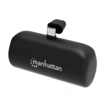 Manhattan powerbank com ficha USB-C integrada, 5000 mAh, até 10 W de potência de saída, suporte para utilização como suporte de carregamento de telemóvel, preto, um ano de garantia