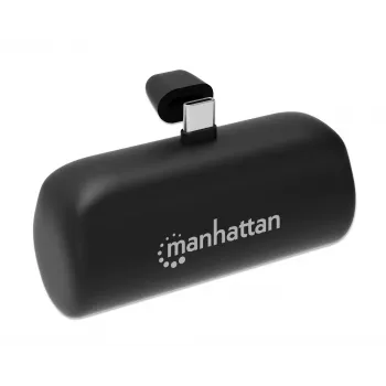 Manhattan powerbank com ficha USB-C integrada, 5000 mAh, até 10 W de potência de saída, suporte para utilização como suporte de carregamento de telemóvel, preto, um ano de garantia