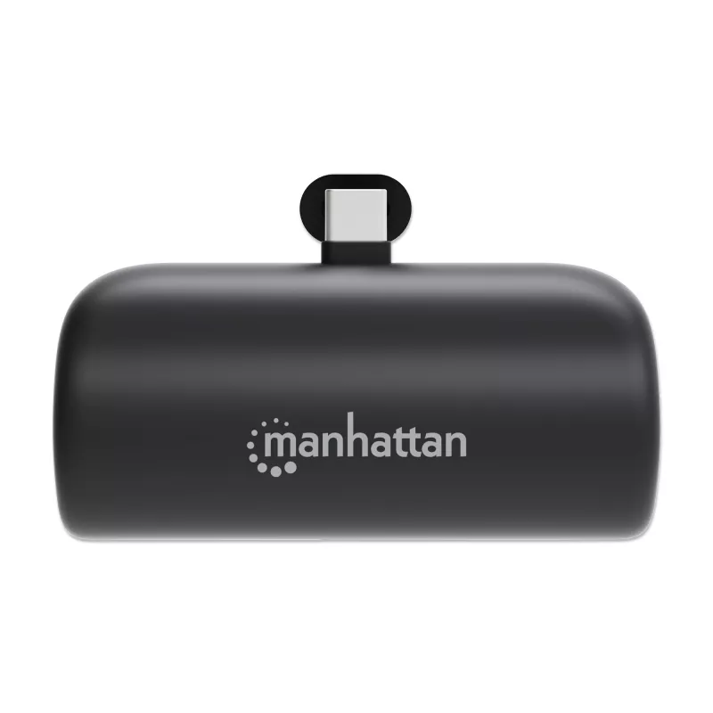 Manhattan powerbank com ficha USB-C integrada, 5000 mAh, até 10 W de potência de saída, suporte para utilização como suporte de carregamento de telemóvel, preto, um ano de garantia