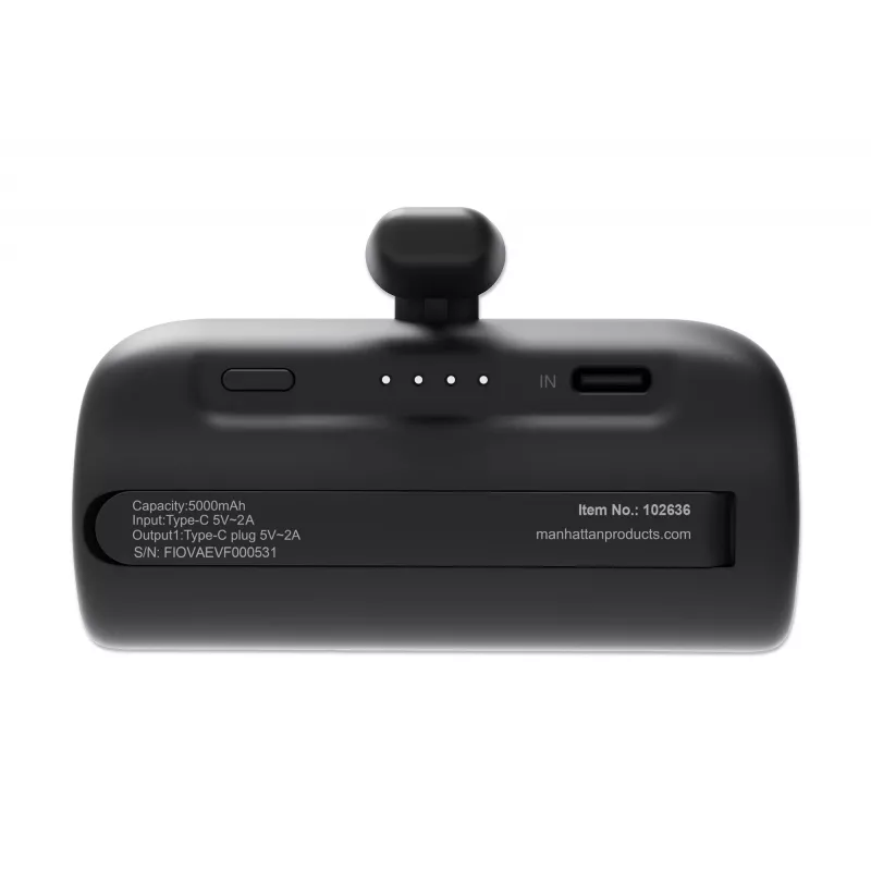 Manhattan powerbank com ficha USB-C integrada, 5000 mAh, até 10 W de potência de saída, suporte para utilização como suporte de carregamento de telemóvel, preto, um ano de garantia