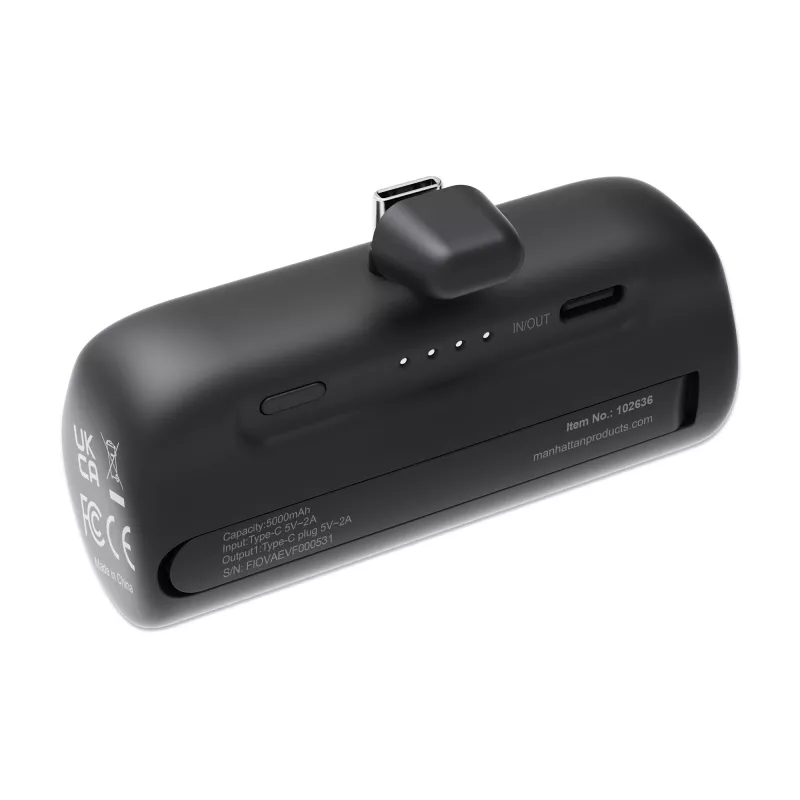 Manhattan powerbank com ficha USB-C integrada, 5000 mAh, até 10 W de potência de saída, suporte para utilização como suporte de carregamento de telemóvel, preto, um ano de garantia