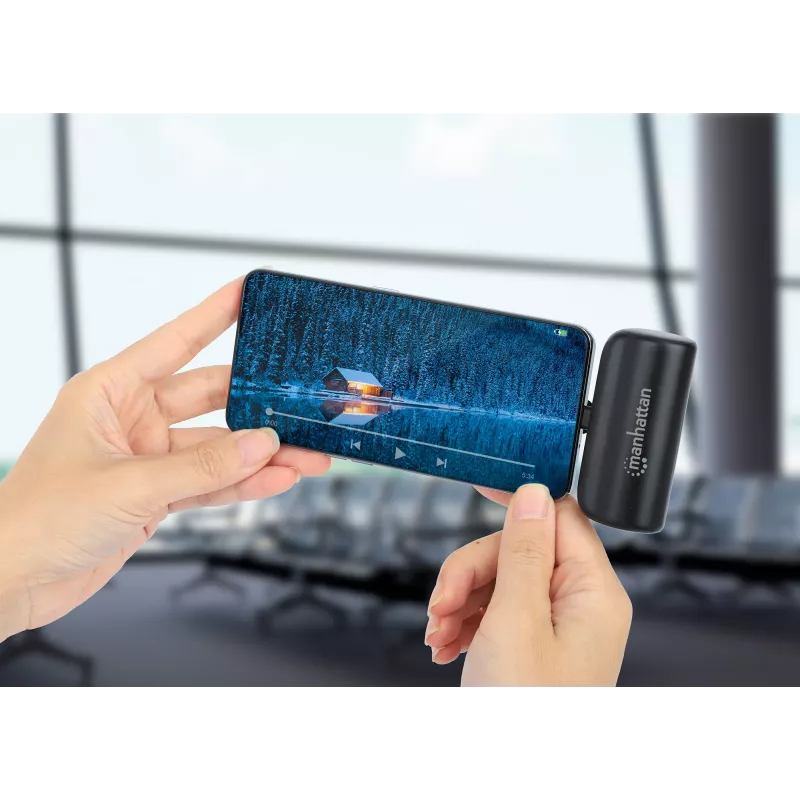 Manhattan powerbank com ficha USB-C integrada, 5000 mAh, até 10 W de potência de saída, suporte para utilização como suporte de carregamento de telemóvel, preto, um ano de garantia