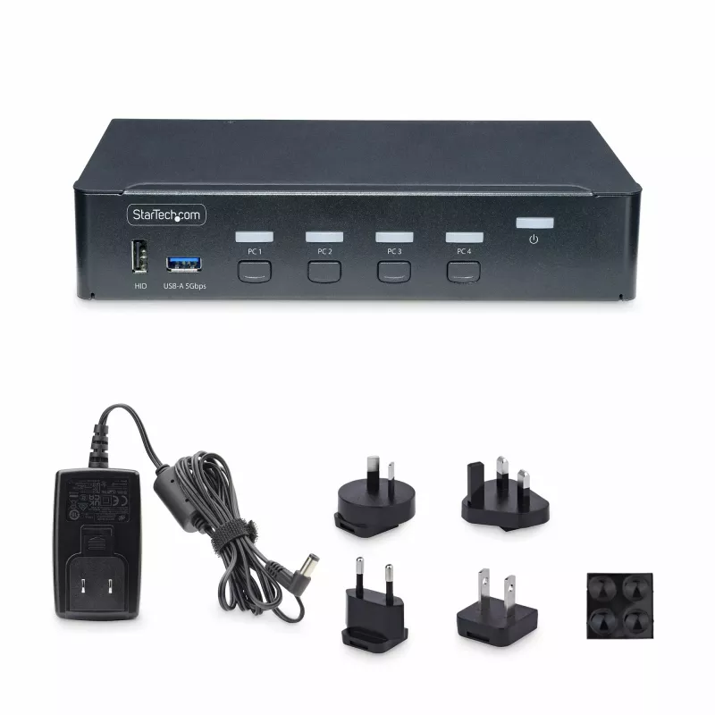 StarTech.com comutador KVM DisplayPort de 4 portas, monitor único 4K 60Hz, 6x portas USB, comutação por botão e tecla de atalho, DisplayPort 1.2, independente do sistema operativo, compatível com TAA