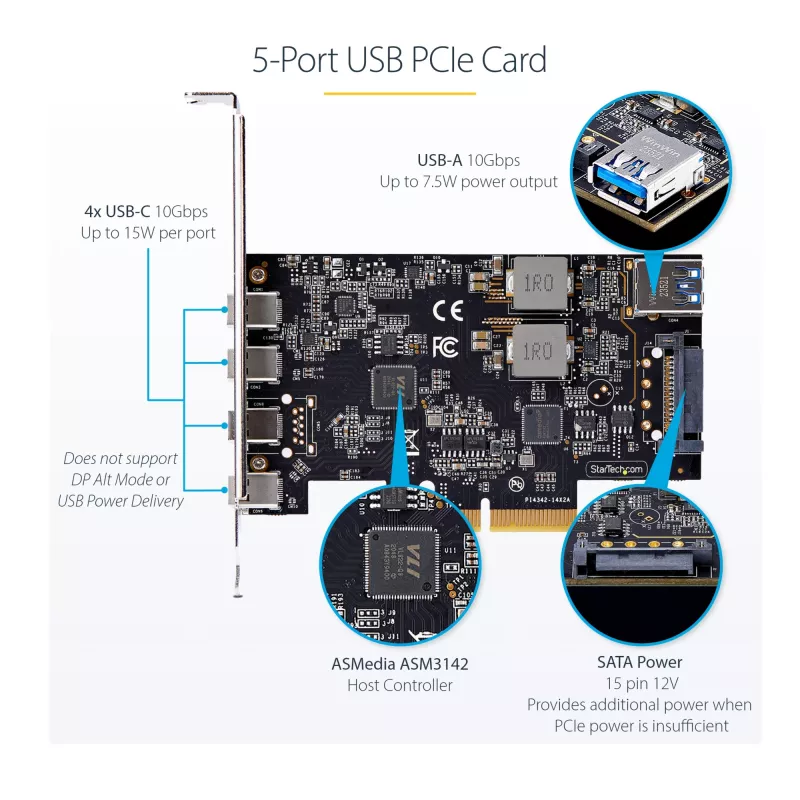 Placa PCIe USB de 5 portas StarTech.com, USB 3.2 10 Gbit/s, placa PCI Express com 4 portas USB-C, 1 porta USB-A interna, placa controladora USB PCIe, Windows/macOS/Linux