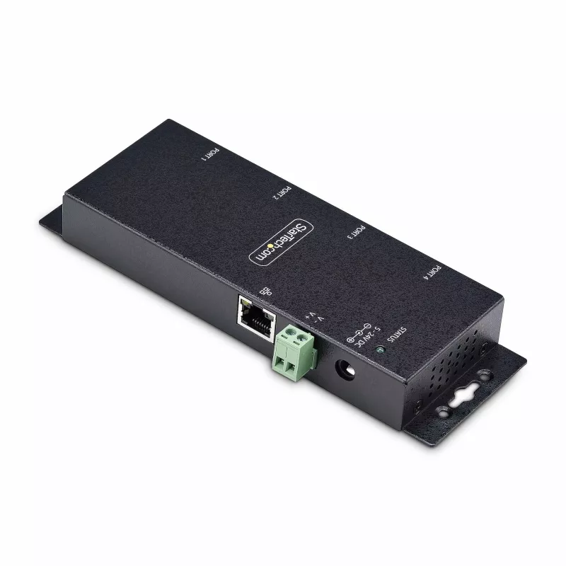 Adaptador série para Ethernet de 4 portas StarTech.com, servidor de dispositivos série IP para dispositivos RS232 remotos, montagem em parede/calha DIN, caixa metálica, conversor RJ45 LAN para DB9 série