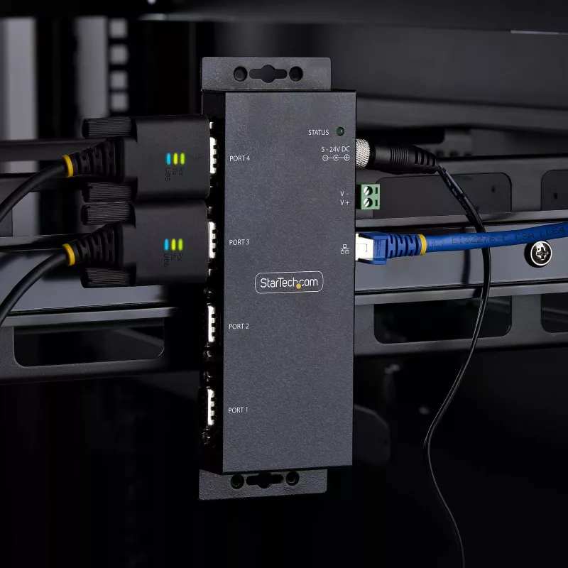 Adaptador série para Ethernet de 4 portas StarTech.com, servidor de dispositivos série IP para dispositivos RS232 remotos, montagem em parede/calha DIN, caixa metálica, conversor RJ45 LAN para DB9 série