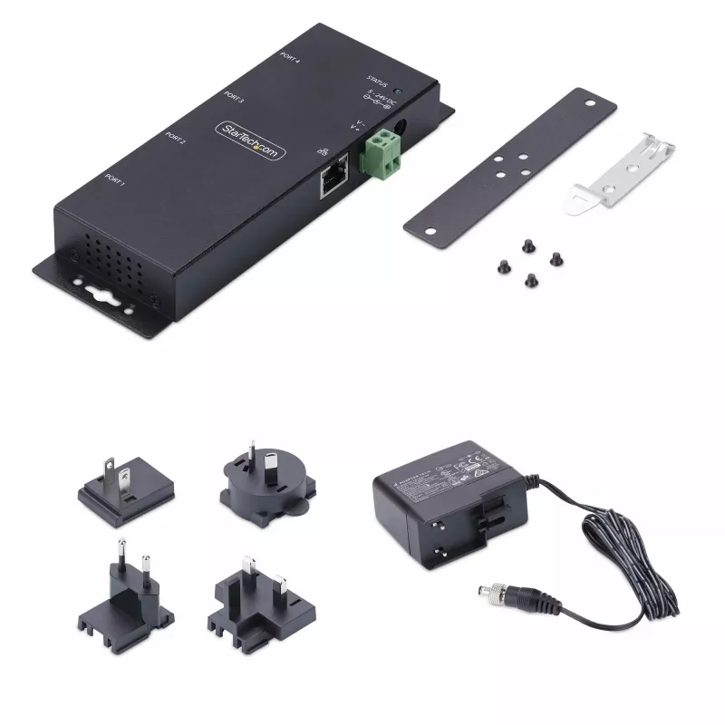 Adaptador série para Ethernet de 4 portas StarTech.com, servidor de dispositivos série IP para dispositivos RS232 remotos, montagem em parede/calha DIN, caixa metálica, conversor RJ45 LAN para DB9 série