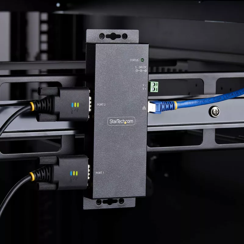 Adaptador série para Ethernet de 2 portas StarTech.com, servidor de dispositivos série IP para dispositivos RS232 remotos, montagem em parede/calha DIN, caixa metálica, conversor RJ45 LAN para DB9 série