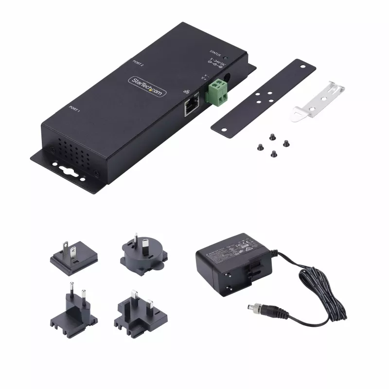 Adaptador série para Ethernet de 2 portas StarTech.com, servidor de dispositivos série IP para dispositivos RS232 remotos, montagem em parede/calha DIN, caixa metálica, conversor RJ45 LAN para DB9 série