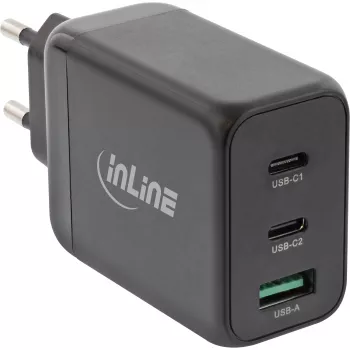 Fonte de alimentação InLine USB PD, carregador GaN, 3 portas, Dual USB-C + USB-A, 65W