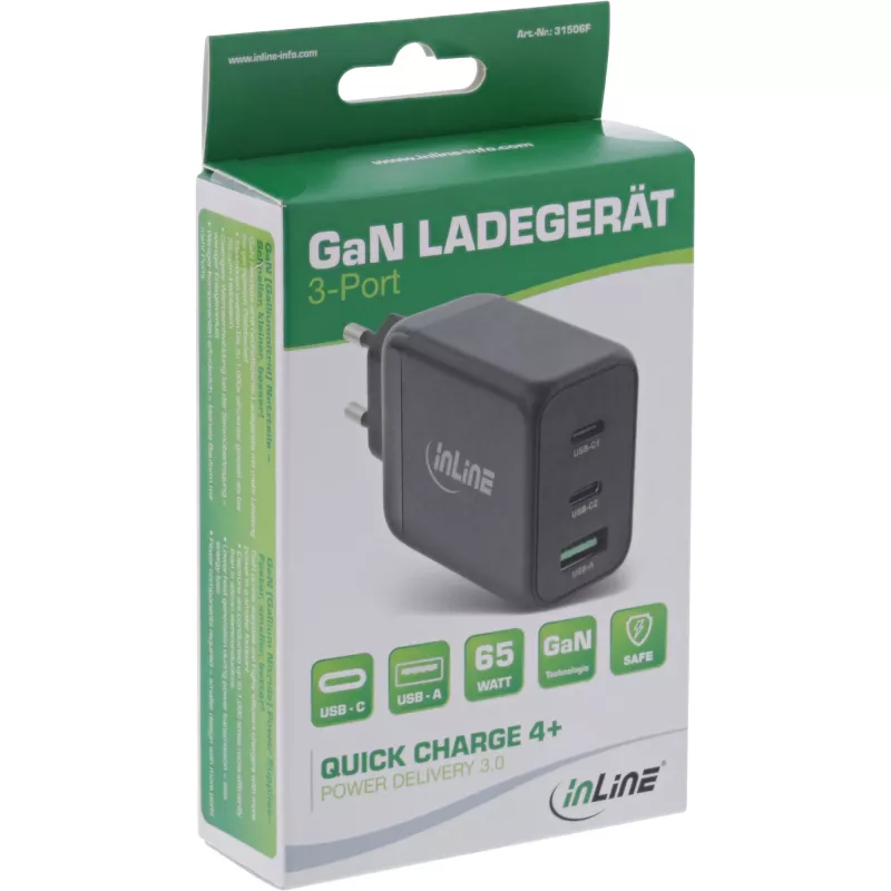 Fonte de alimentação InLine USB PD, carregador GaN, 3 portas, Dual USB-C + USB-A, 65W
