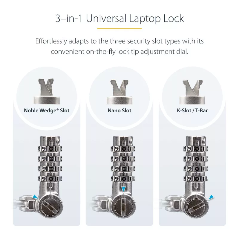 StarTech.com UNIVCS-LAPTOP-LOCK cadeado de cabo universal para portátil, 2 m, de combinação com número de série, Noble Wedge/Nano/K-Slot, preto/prateado, TAA