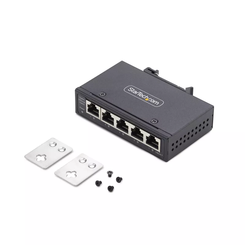 StarTech.com I51G-ETHERNET-SWITCH switch Gigabit Ethernet industrial não gerido de 5 portas, 10/100/1000, calha DIN/montagem na parede, IP30, -40 a 75 °C (-40–167 °F), DC, TAA