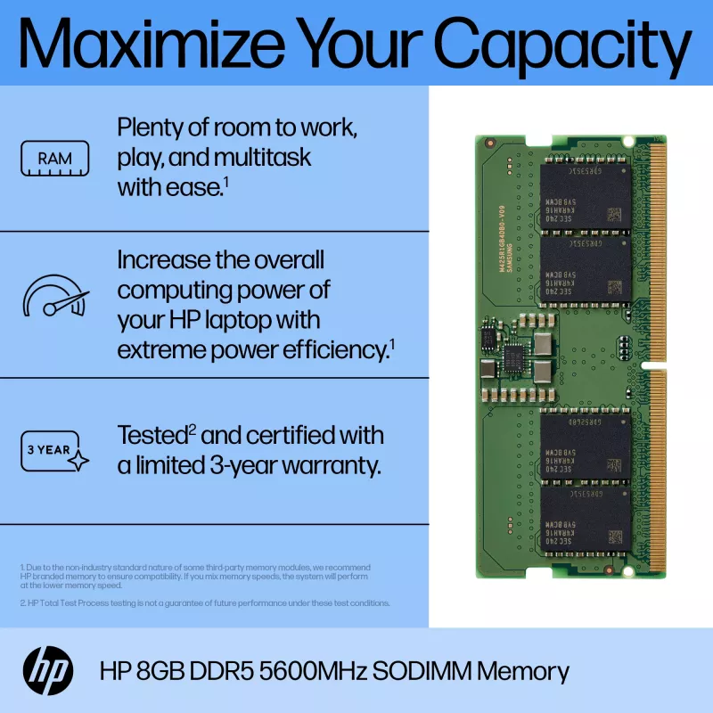 Memória HP 8GB DDR5 5600 SODIMM, 8 GB, 1 x 8 GB, DDR5, SO-DIMM de 262 pinos