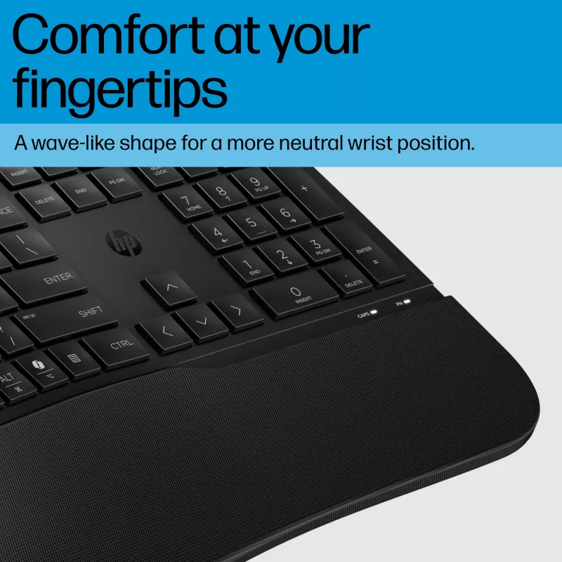 Teclado com fios HP 485 Comfort tamanho completo USB membrana com apoio de pulsos