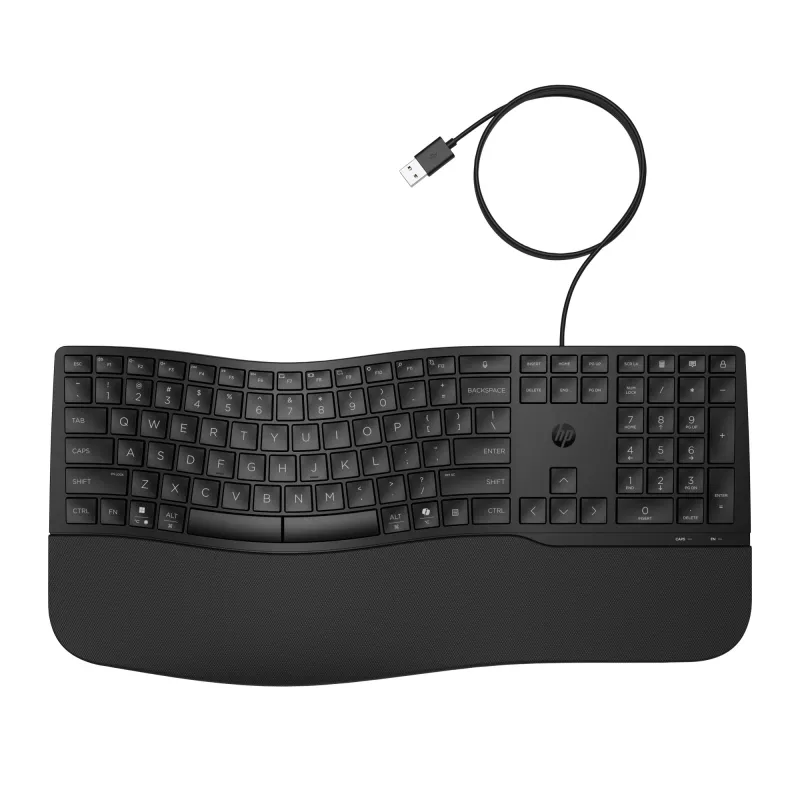 Teclado com fios HP 485 Comfort tamanho completo USB membrana com apoio de pulsos