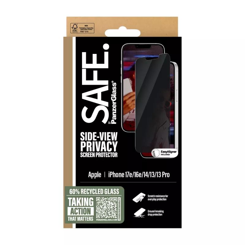 Película de proteção de ecrã com filtro de privacidade PanzerGlass SAFE. by ® iPhone 17e | 16e | 14 | 13 | 13 Pro | Ultra-Wide Fit com EasyAligner