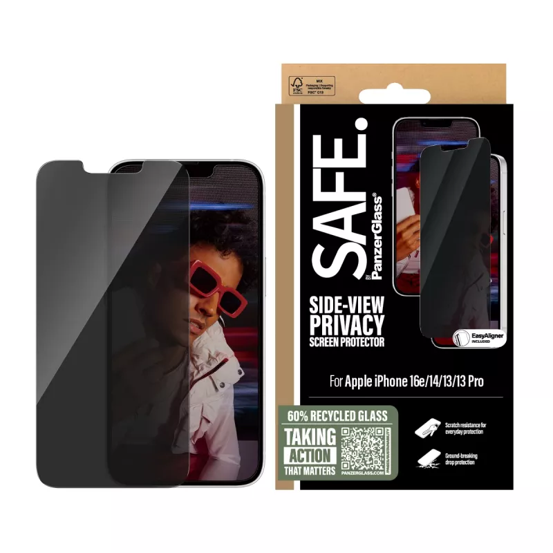 Película de proteção de ecrã com filtro de privacidade PanzerGlass SAFE. by ® iPhone 17e | 16e | 14 | 13 | 13 Pro | Ultra-Wide Fit com EasyAligner