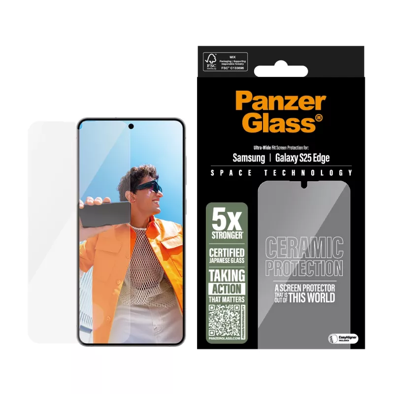 Proteção de ecrã cerâmica PanzerGlass ® Samsung S25 Edge | Ultra-Wide Fit com EasyAligner