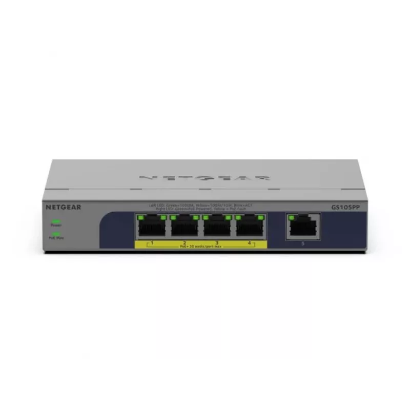 NETGEAR GS105PP Gigabit Ethernet não gerido (10/100/1000) Power over Ethernet (PoE) montagem em secretária/parede cinzento