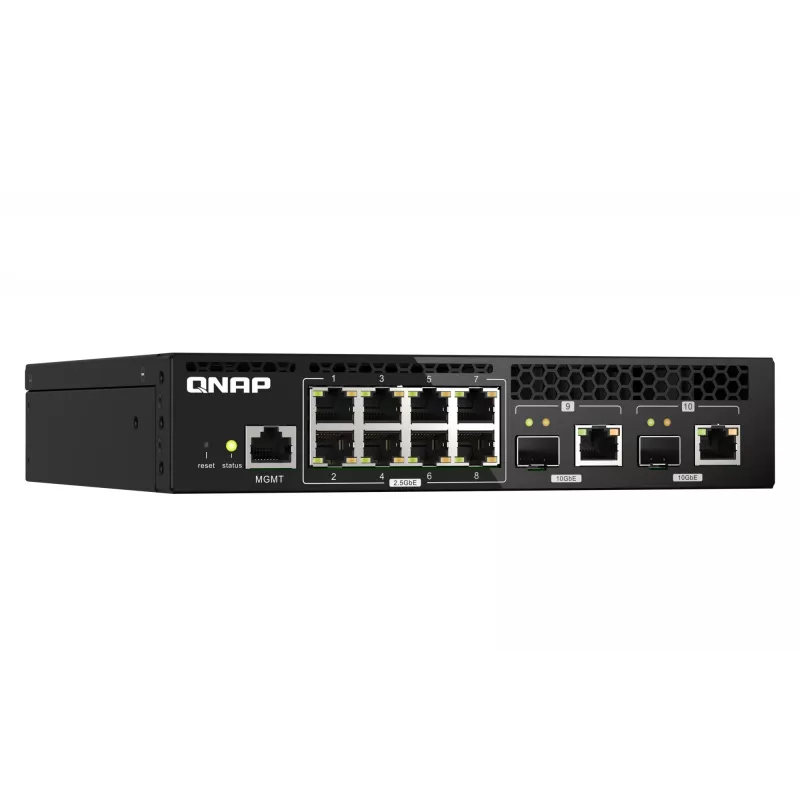QNAP QSW-M2108R-2C switch L2 gerido, 8 x 2,5GbE + 2 x 10GbE SFP+/RJ-45 combo, meia largura, montável em rack