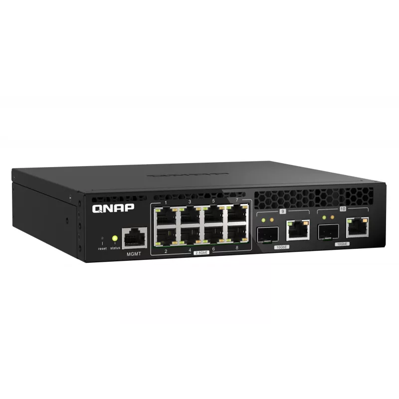QNAP QSW-M2108R-2C switch L2 gerido, 8 x 2,5GbE + 2 x 10GbE SFP+/RJ-45 combo, meia largura, montável em rack
