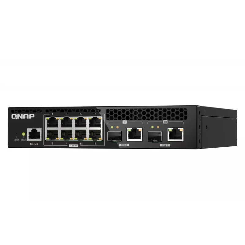 QNAP QSW-M2108R-2C switch L2 gerido, 8 x 2,5GbE + 2 x 10GbE SFP+/RJ-45 combo, meia largura, montável em rack