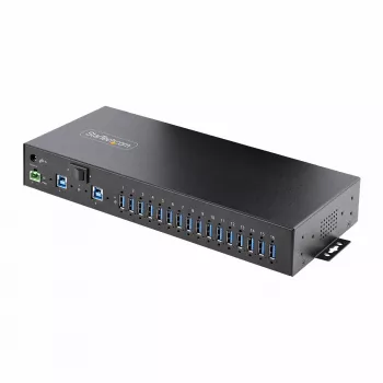 StarTech.com Hub USB industrial 5Gbps de 16 portas com fonte de alimentação, caixa metálica, montável, proteção ESD, alimentação por blocos de terminais, função de carregamento USB, comutador dual-host – TAA