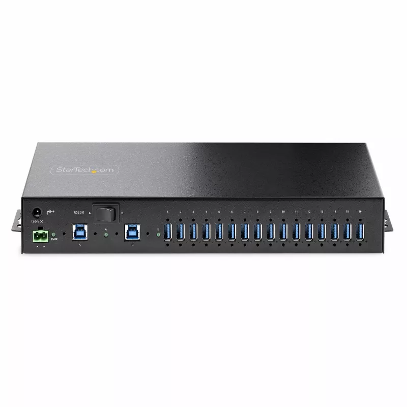 StarTech.com Hub USB industrial 5Gbps de 16 portas com fonte de alimentação, caixa metálica, montável, proteção ESD, alimentação por blocos de terminais, função de carregamento USB, comutador dual-host – TAA