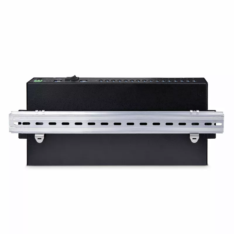 StarTech.com Hub USB industrial 5Gbps de 16 portas com fonte de alimentação, caixa metálica, montável, proteção ESD, alimentação por blocos de terminais, função de carregamento USB, comutador dual-host – TAA