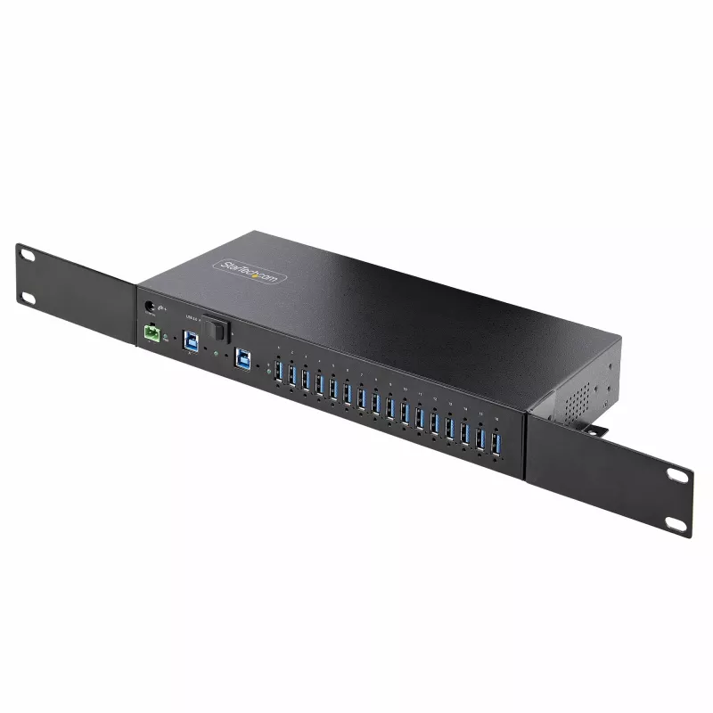 StarTech.com Hub USB industrial 5Gbps de 16 portas com fonte de alimentação, caixa metálica, montável, proteção ESD, alimentação por blocos de terminais, função de carregamento USB, comutador dual-host – TAA