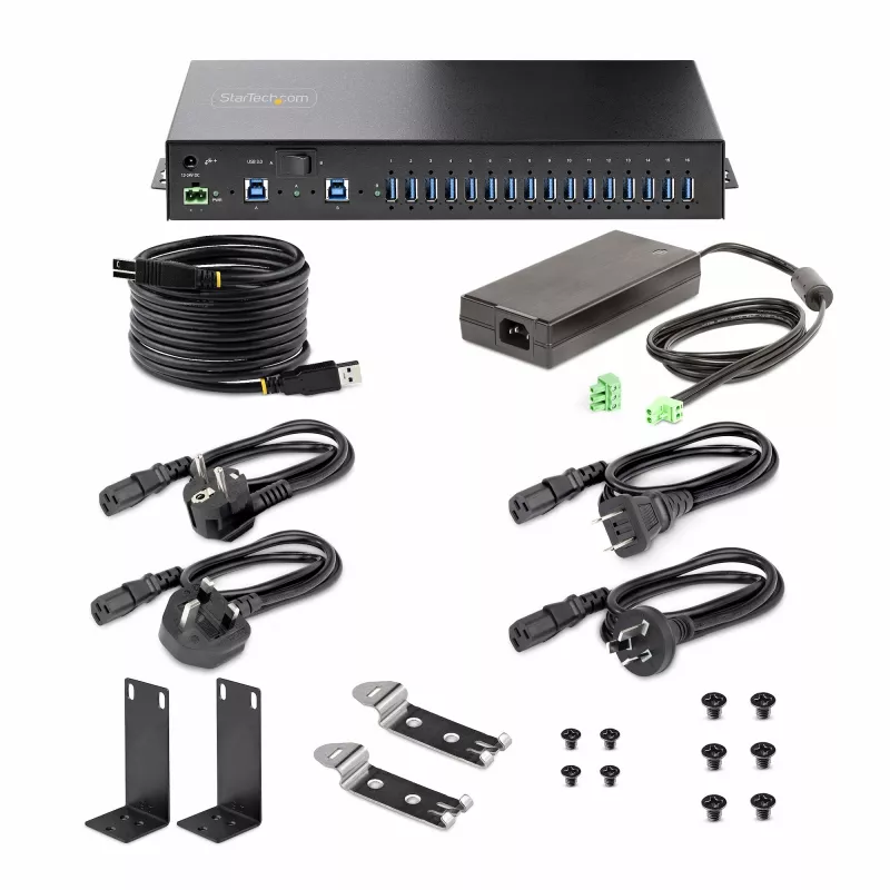 StarTech.com Hub USB industrial 5Gbps de 16 portas com fonte de alimentação, caixa metálica, montável, proteção ESD, alimentação por blocos de terminais, função de carregamento USB, comutador dual-host – TAA