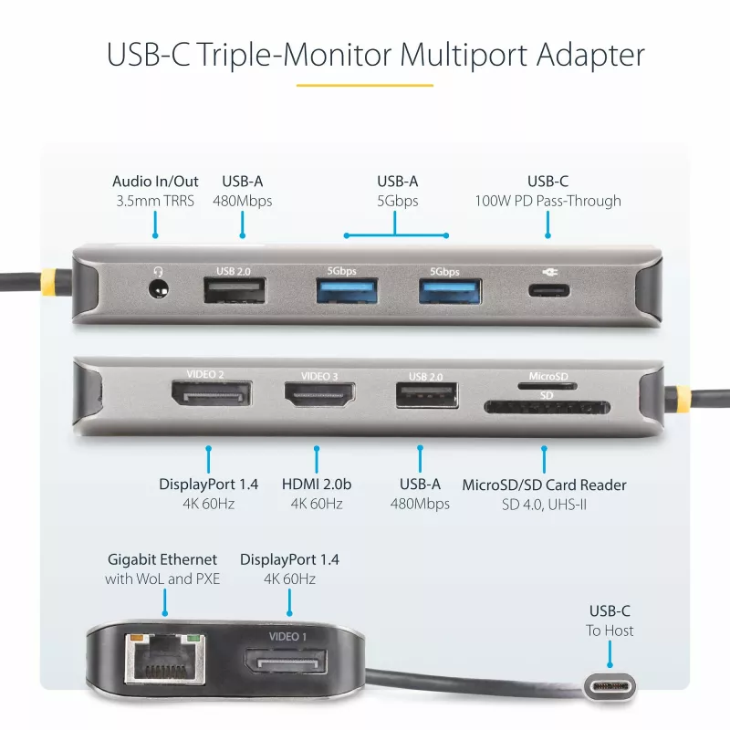 StarTech.com Adaptador multiporta USB-C para três monitores, Dual 4K 60 Hz + 4K 30 Hz HDMI & DisplayPort, hub USB de 4 portas, 100 W PD Pass-Through, GbE, leitor de cartões SD/MicroSD