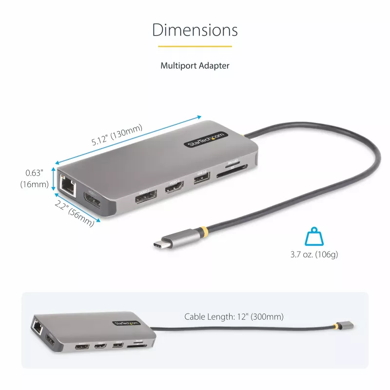 StarTech.com Adaptador multiporta USB-C para três monitores, Dual 4K 60 Hz + 4K 30 Hz HDMI & DisplayPort, hub USB de 4 portas, 100 W PD Pass-Through, GbE, leitor de cartões SD/MicroSD