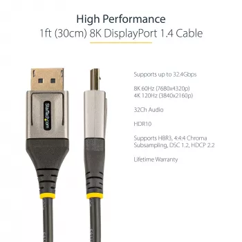 StarTech.com Cabo DisplayPort 1.4 de 1ft (30cm) - 8K 60Hz HDR10 - Vídeo Ultra HD 4K 120Hz - Cabo DP 1.4 - Para monitores/ecrãs - Cabo DisplayPort para DisplayPort - M/M