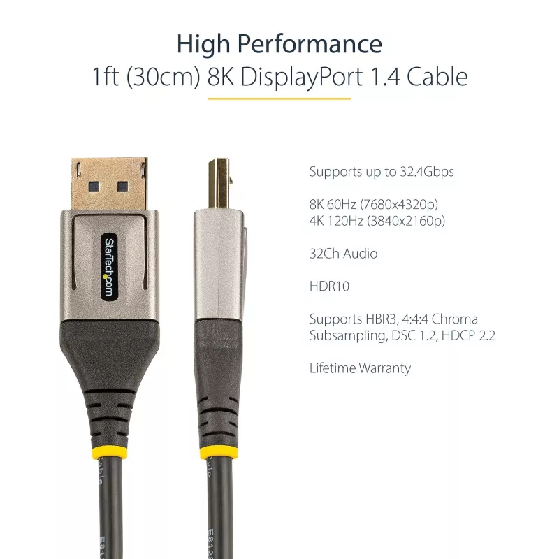 StarTech.com Cabo DisplayPort 1.4 de 1ft (30cm) - 8K 60Hz HDR10 - Vídeo Ultra HD 4K 120Hz - Cabo DP 1.4 - Para monitores/ecrãs - Cabo DisplayPort para DisplayPort - M/M