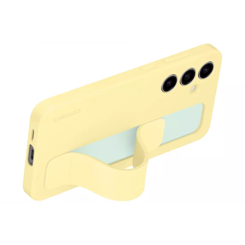 Capa Samsung Galaxy S24 FE amarela monocromática com suporte de mesa
