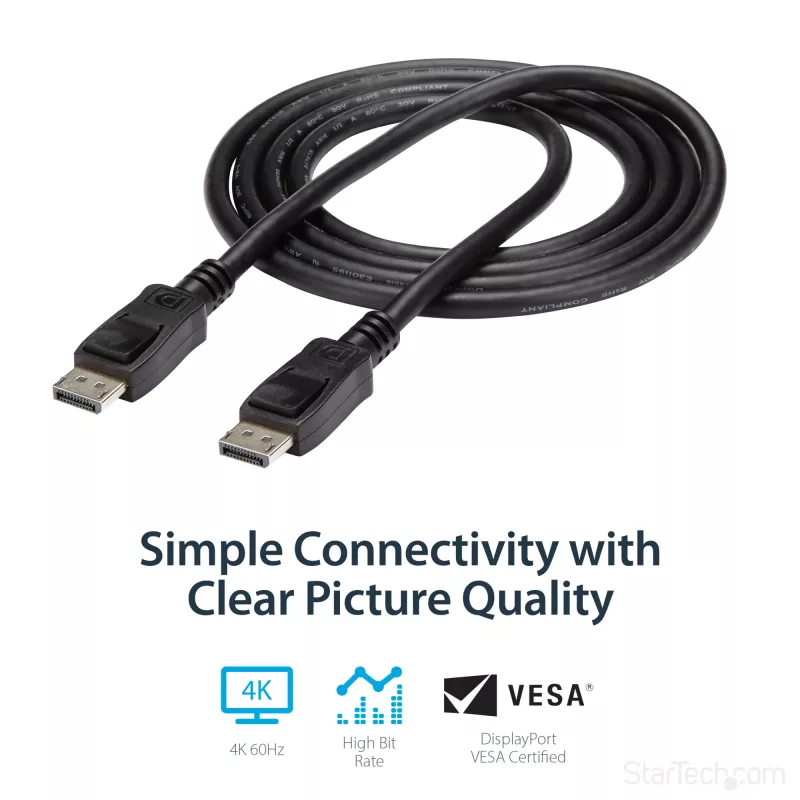 Cabo DisplayPort 1.2 StarTech.com 1,8 m (6ft) – Cabo DisplayPort 4K x 2K Ultra HD certificado VESA – Cabo DP para DP para monitor – Cabo de vídeo/display DP – Fichas DP com bloqueio