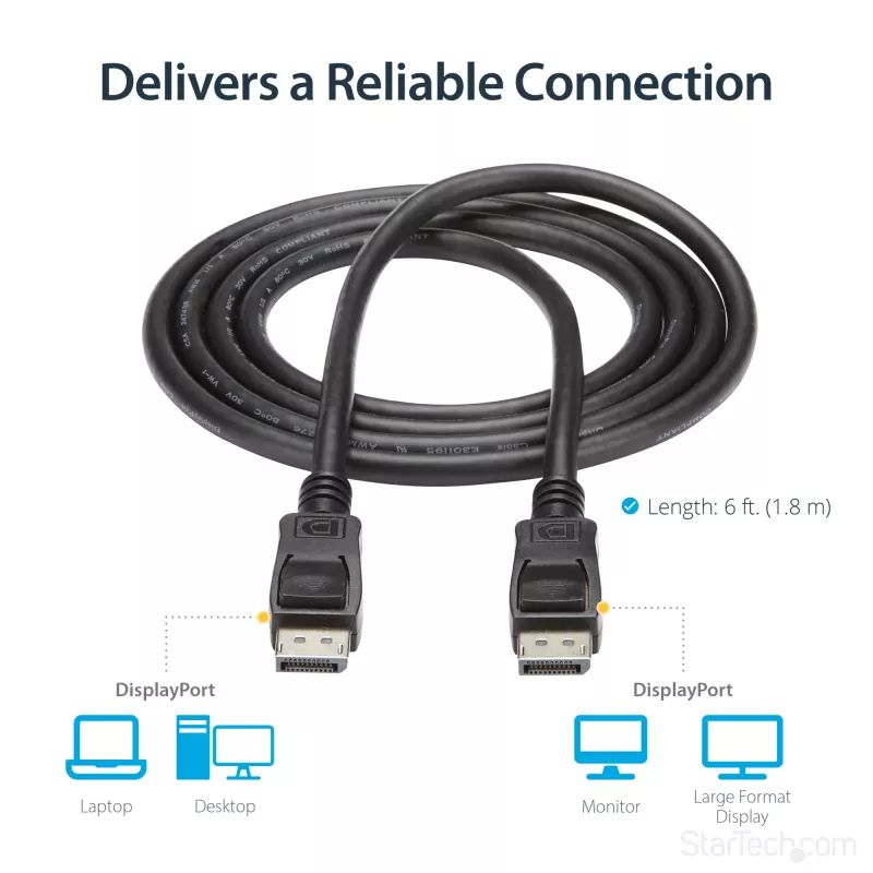 Cabo DisplayPort 1.2 StarTech.com 1,8 m (6ft) – Cabo DisplayPort 4K x 2K Ultra HD certificado VESA – Cabo DP para DP para monitor – Cabo de vídeo/display DP – Fichas DP com bloqueio