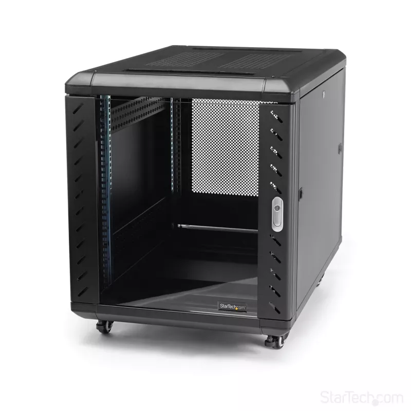 Armário de servidor 12U de 4 postes StarTech.com, armário de dados de 19 polegadas com fecho para equipamento de computador/AV/IT, rack de escritório/rede doméstica com rodas e calhas de montagem ajustáveis