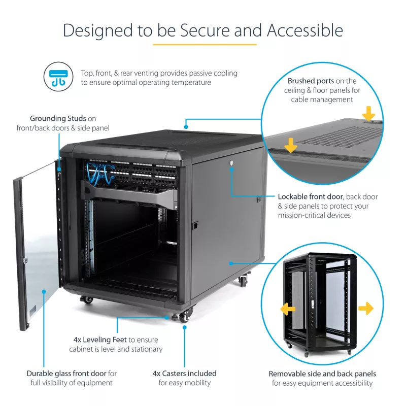 Armário de servidor 12U de 4 postes StarTech.com, armário de dados de 19 polegadas com fecho para equipamento de computador/AV/IT, rack de escritório/rede doméstica com rodas e calhas de montagem ajustáveis