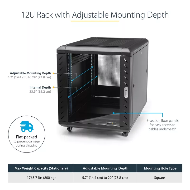 Armário de servidor 12U de 4 postes StarTech.com, armário de dados de 19 polegadas com fecho para equipamento de computador/AV/IT, rack de escritório/rede doméstica com rodas e calhas de montagem ajustáveis