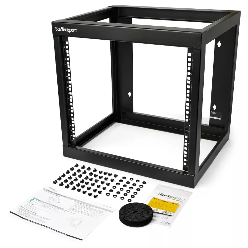StarTech.com Rack de rede de parede 9U de 19 polegadas, 17 polegadas de profundidade, estrutura aberta de 2 postes para sala de servidores/dados/AV/TI/comunicações/equipamento informático/patch panel com porcas de gaiola/parafusos, gancho/ilhó, capacidade de 79 kg~Rack de rede de parede 9U de 19 polegadas, 17 polegadas de profundidade, estrutura aberta de 2 postes para sala de