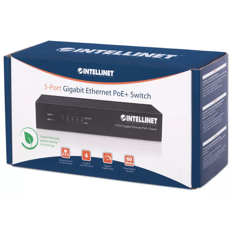 Switch Intellinet 5 portas Gigabit Ethernet PoE+, 4 portas PSE, compatível com IEEE 802.3at/af Power over Ethernet (PoE+/PoE), 60 W, de secretária