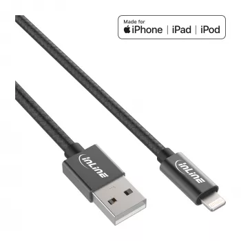 Cabo USB Lightning InLine, para iPad, iPhone, iPod, preto/alu, 2 m certificado MFi