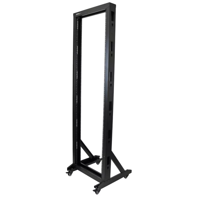 Rack de servidor StarTech.com 2 postes 42U móvel de estrutura aberta, rack de rede 19 polegadas de dois postes com rodas, rack aberto móvel para equipamento AV/dados/média/IT, rack de computador para casa/escritório - rodas incluídas
